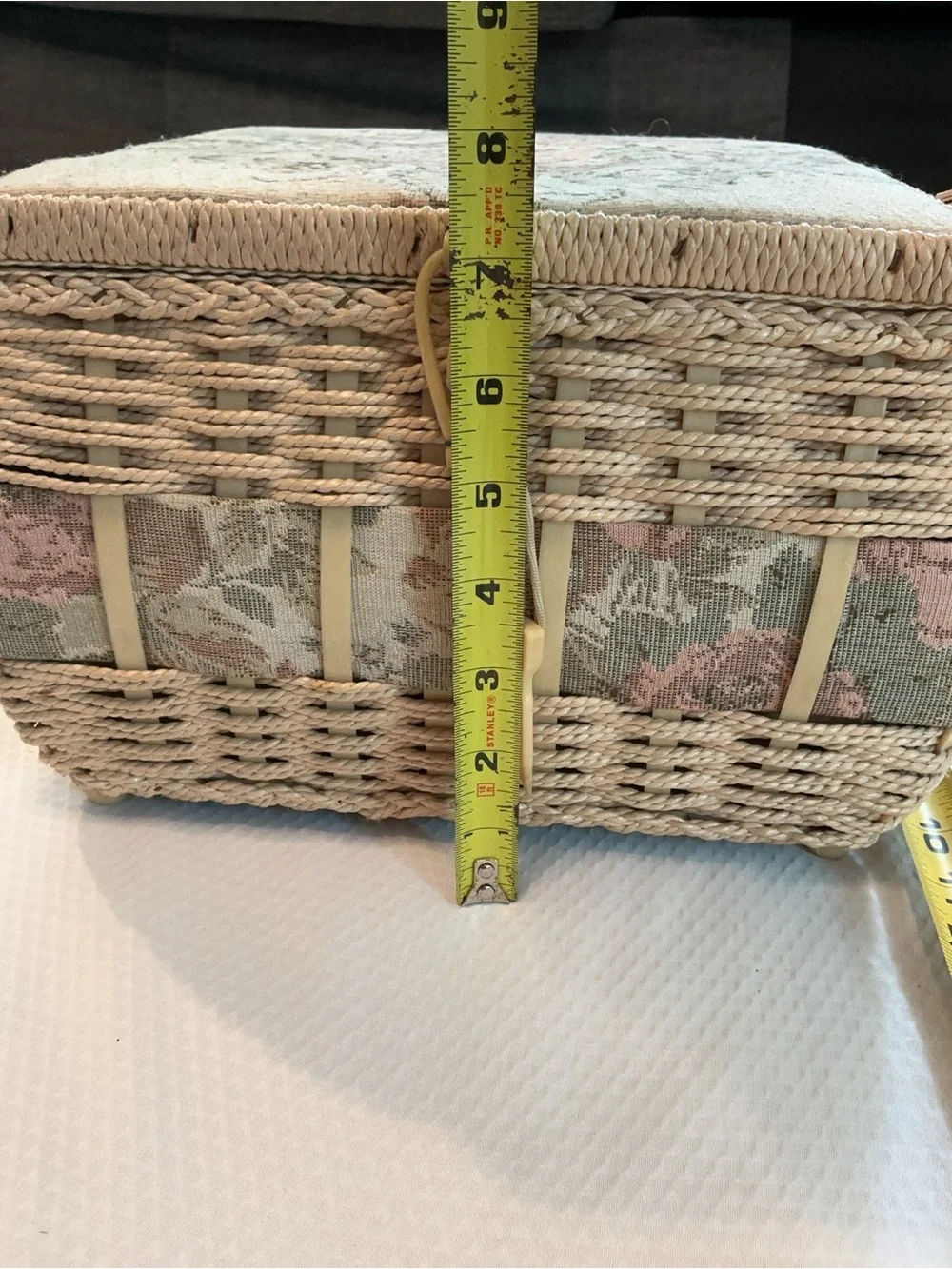 Woven Floral Needlepoint Sewing Basket in Cream and Pink